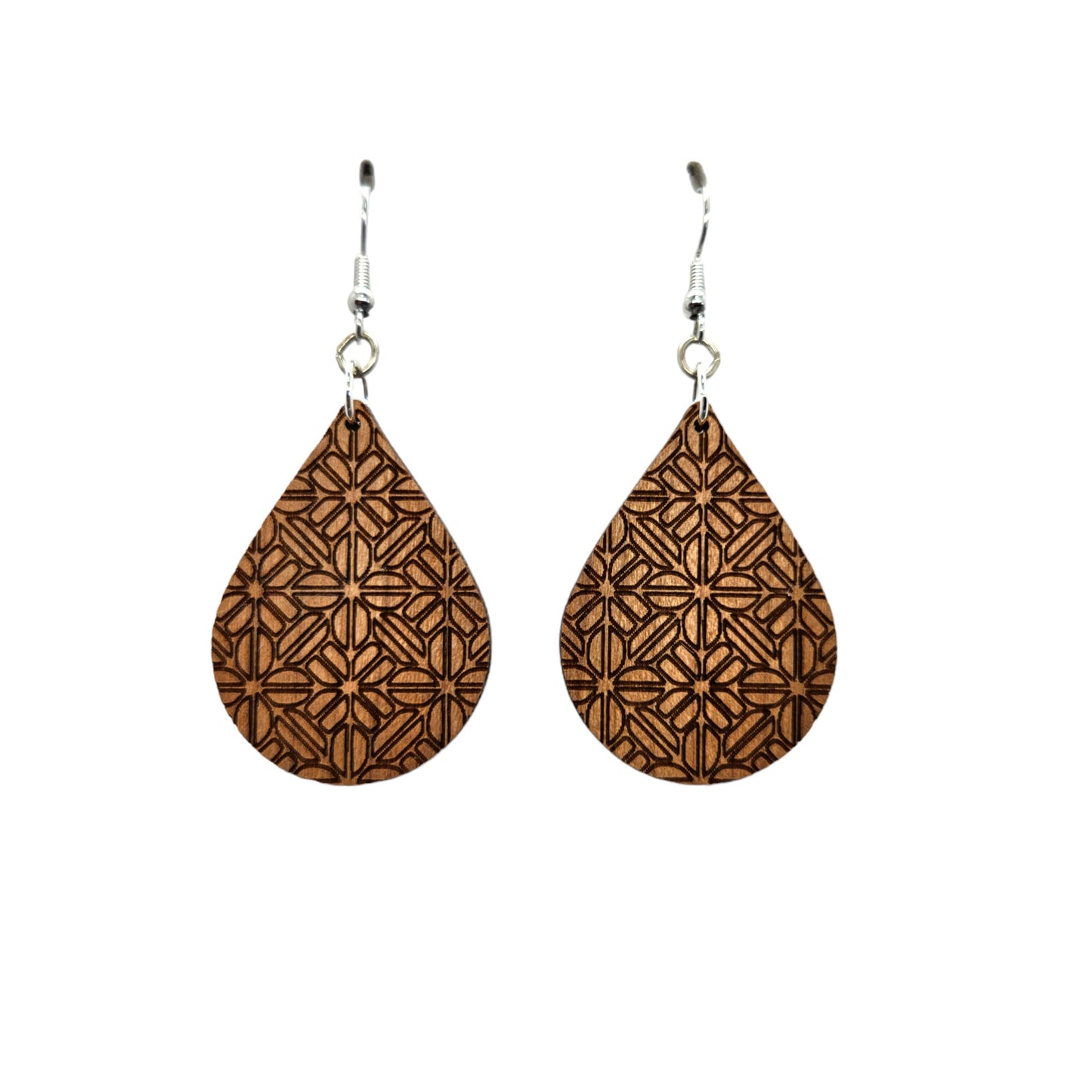 Wood Earrings - Abstract Flower Floral Pattern Engraved Teardrop Wood Earrings - Dangle Earrings - Gift - Drop Earrings Lightweight