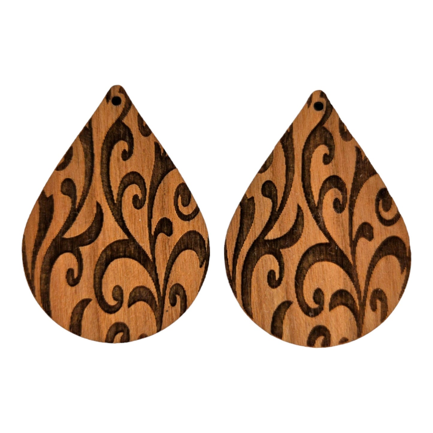 Wholesale Wood Earrings - Abstract Flower Floral Leaves Pattern Engraved Teardrop Wood Earrings - Dangle Earrings