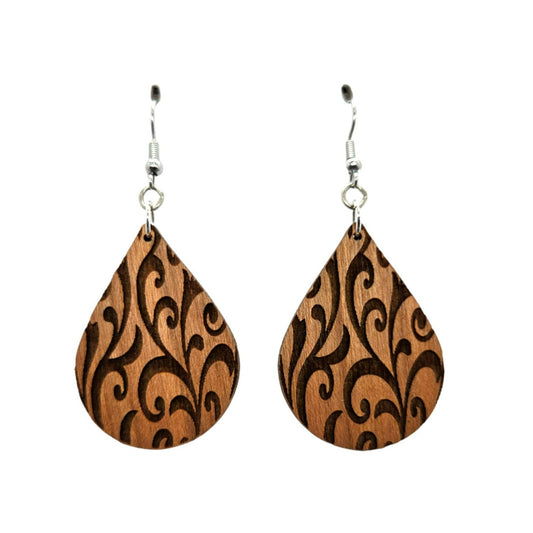 Wood Earrings - Abstract Flower Floral Leaves Pattern Engraved Teardrop Wood Earrings - Dangle Earrings - Gift - Drop Earrings Lightweight