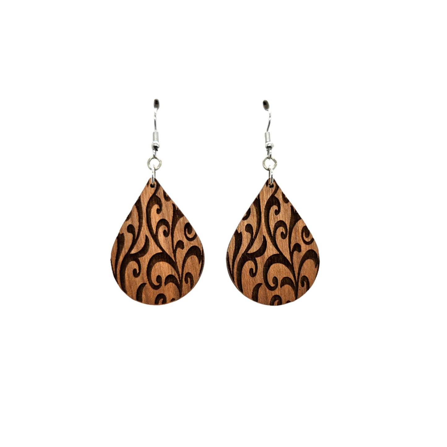 Wholesale Wood Earrings - Abstract Flower Floral Leaves Pattern Engraved Teardrop Wood Earrings - Dangle Earrings