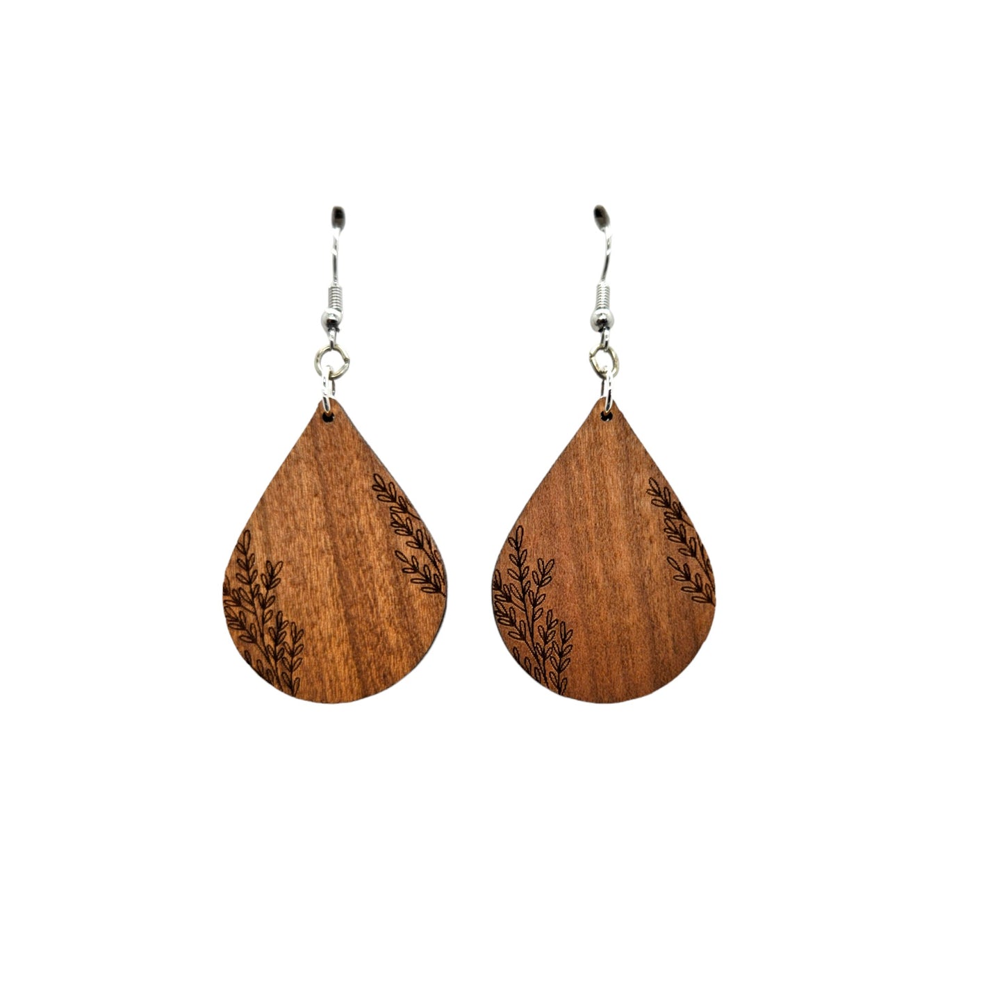 Wood Earrings - Abstract Floral Leaves Stems Pattern Engraved Teardrop Wood Earrings - Dangle Earrings - Gift - Drop Earrings Lightweight