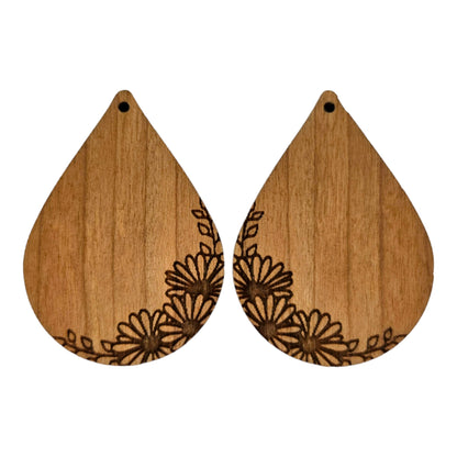 Wood Earrings - Daisies on the Edge Engraved Teardrop Lightweight Earrings - Dangle Earrings Drop Earrings - Gift