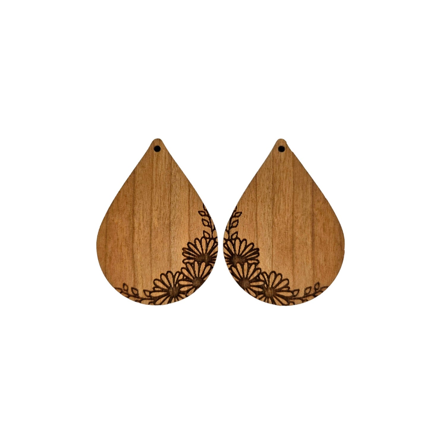 Wholesale Wood Earrings - Daisies on the Edge Engraved Teardrop Lightweight Earrings - Dangle Earrings