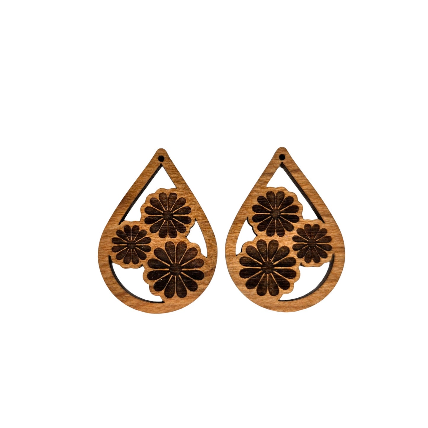 Wholesale Wood Earrings - Cutout Teardrop Trio Floral Engraved Lightweight Earrings - Dangle Earrings