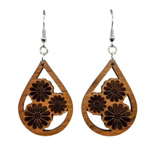 Wholesale Wood Earrings - Cutout Teardrop Trio Floral Engraved Lightweight Earrings - Dangle Earrings