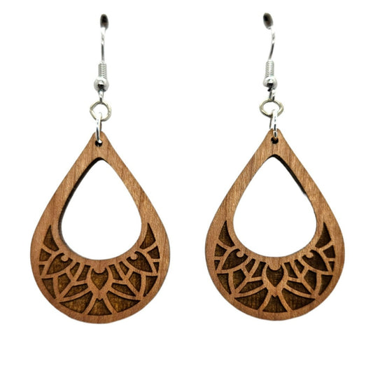 Wood Earrings - Cutout Teardrop Floral Engraved Lightweight Earrings - Dangle Earrings Drop Earrings - Gift