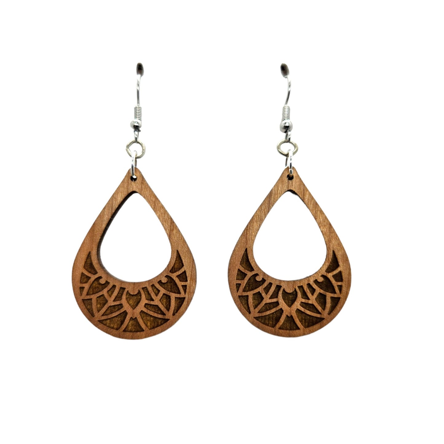 Wholesale Wood Earrings - Cutout Teardrop Floral Engraved Lightweight Earrings - Dangle Earrings