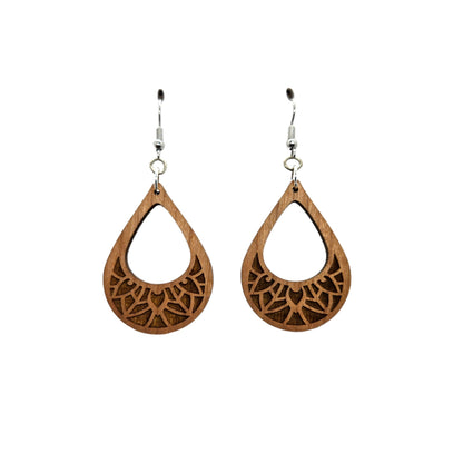 Wholesale Wood Earrings - Cutout Teardrop Floral Engraved Lightweight Earrings - Dangle Earrings