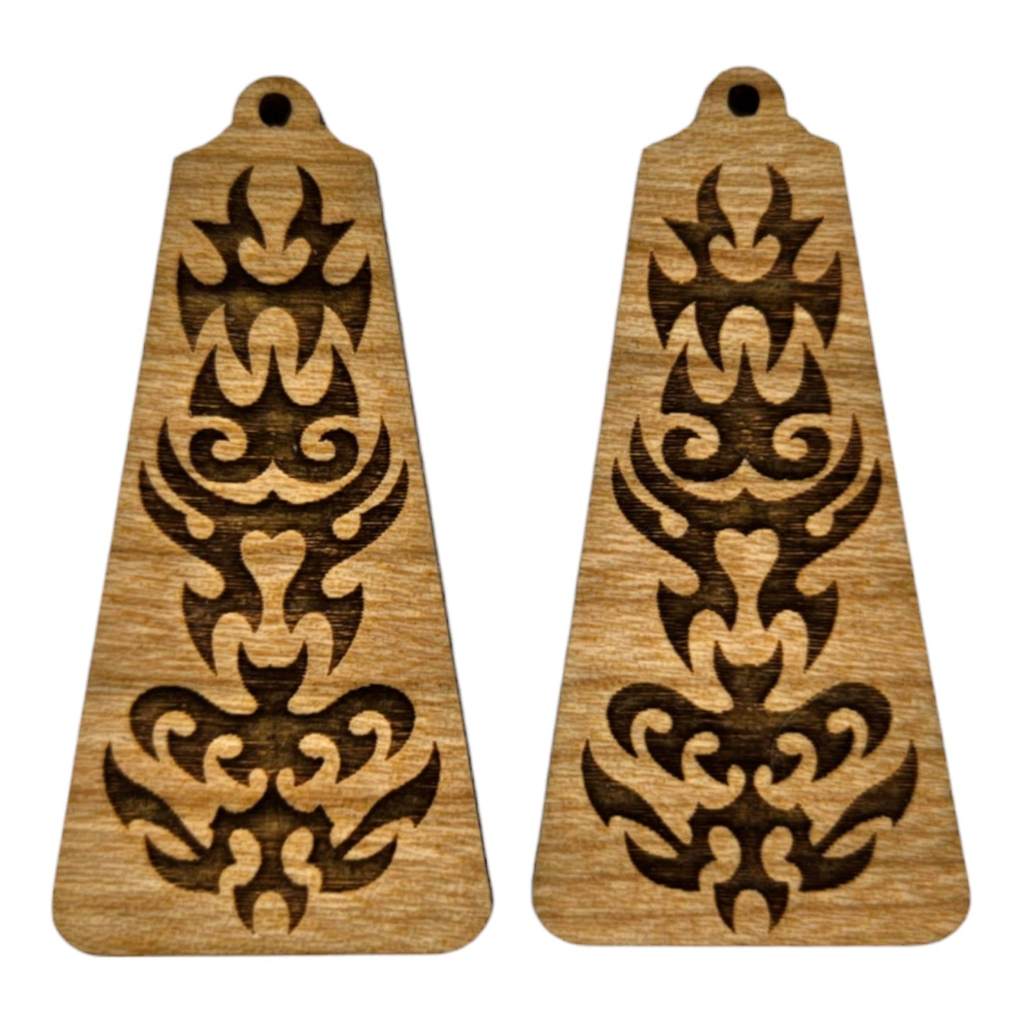 Wholesale Wood Earrings - Asian or Tribal Engraved Lightweight Earrings Triangle - Dangle Earrings