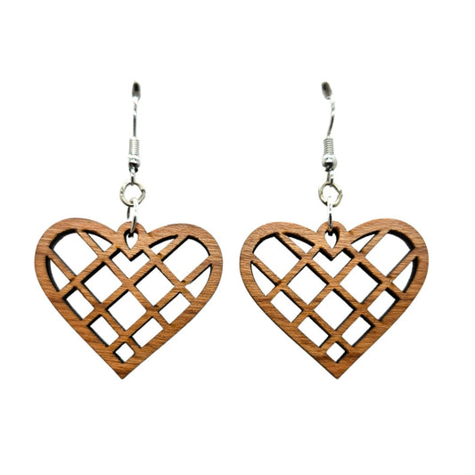 Wood Earrings - Heart Shape Cutout with Criss Cross Lines Lightweight Earrings Heart Shaped - Dangle Earrings Drop Earrings - Gift