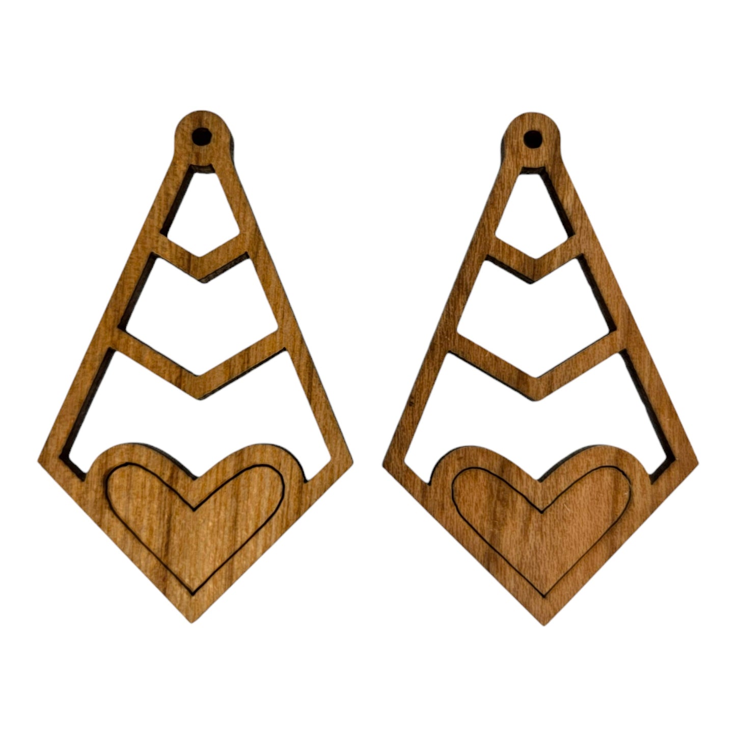 Wood Earrings - Diamond Shape with Heart Lightweight Earrings - Dangle Earrings Drop Earrings - Gift