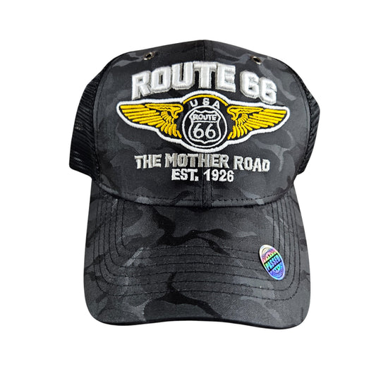 ROUTE 66 Mother Road Black Camo Trucker Mesh Cap or Hat H1020