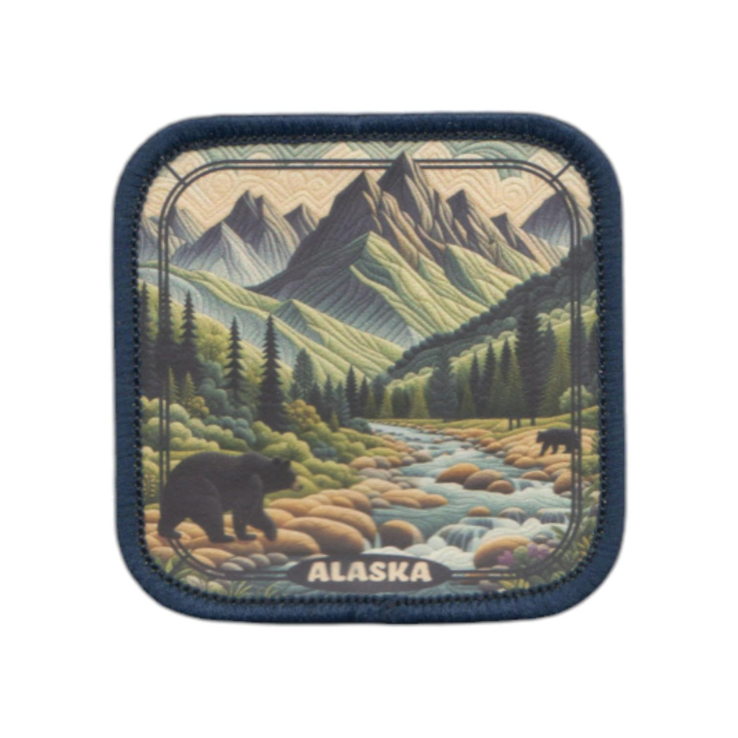 Alaska Patch – Alaska Travel Souvenir Patch 2" Iron On Sew On Embellishment Mountains Trees Bear Creek Square