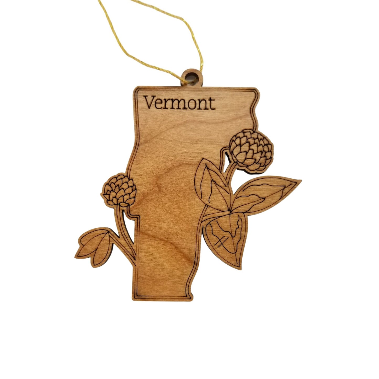 Wholesale Vermont Wood Ornament -  State Shape with State Flowers Red Clover VT - Handmade Wood Souvenir