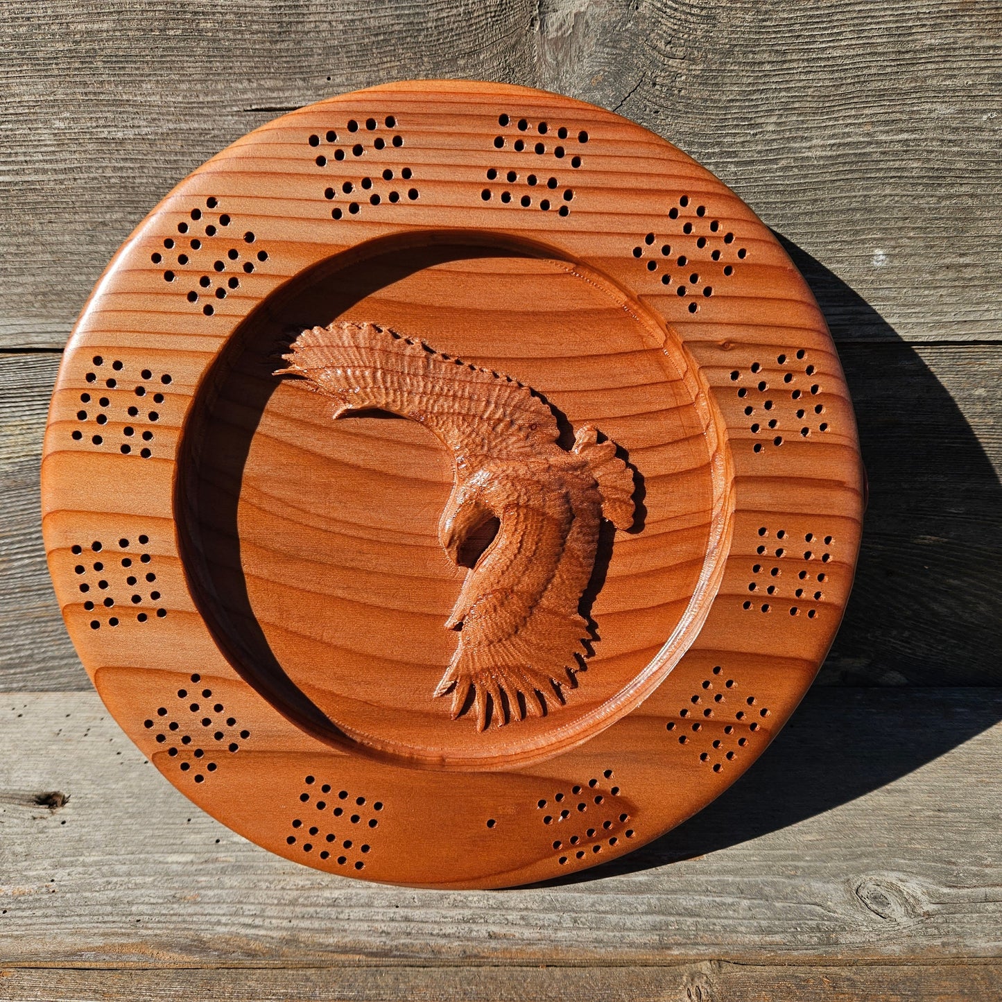 Redwood Round Wood Cribbage Board Carved Eagle Handmade 2 Player USA Card Game California Souvenir #657