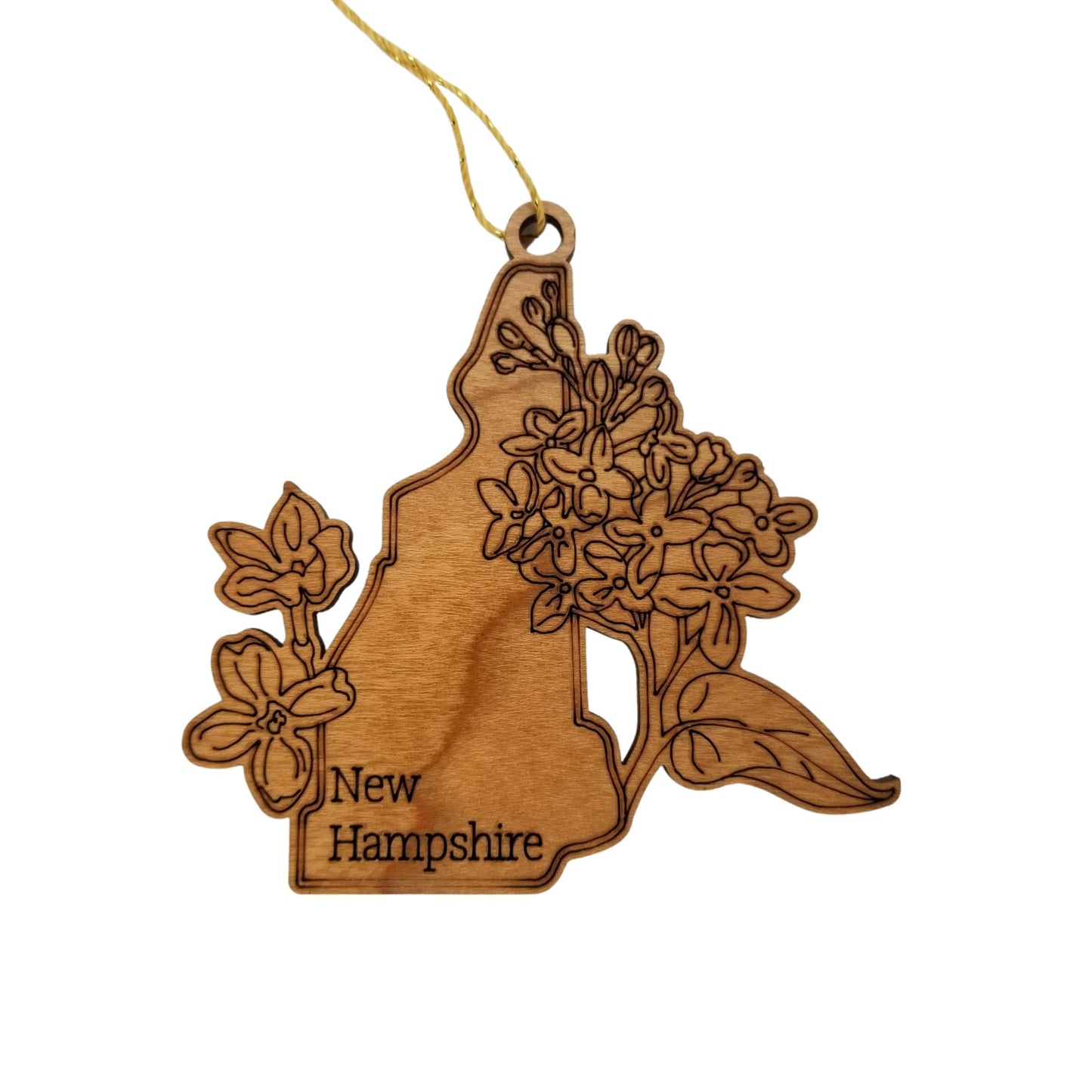 Wholesale New Hampshire Wood Ornament -  NH State Shape with State Flowers Purple Lilacs - Handmade Wood Souvenir