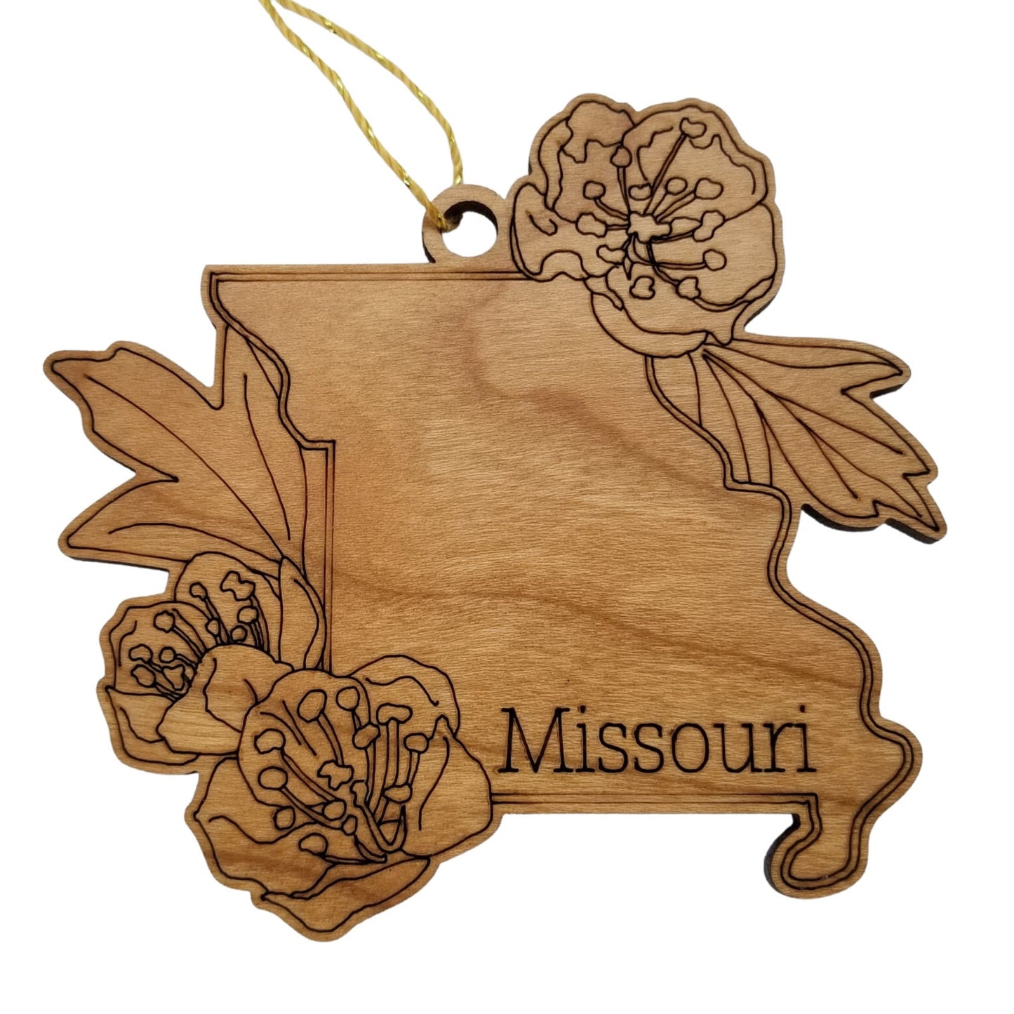 Wholesale Missouri Wood Ornament -  MO State Shape with State Flowers Hawthorn Blossom - Handmade Wood Souvenir