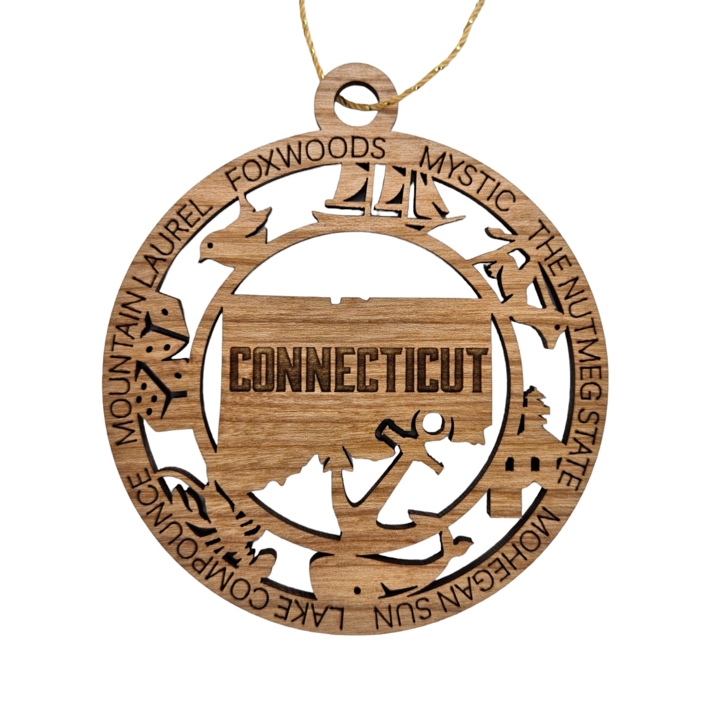 Connecticut Wood Ornament -  CT Souvenir - Handmade Wood Ornament Made in USA State Shape The Nutmeg State Dice Lobster Whale Anchor