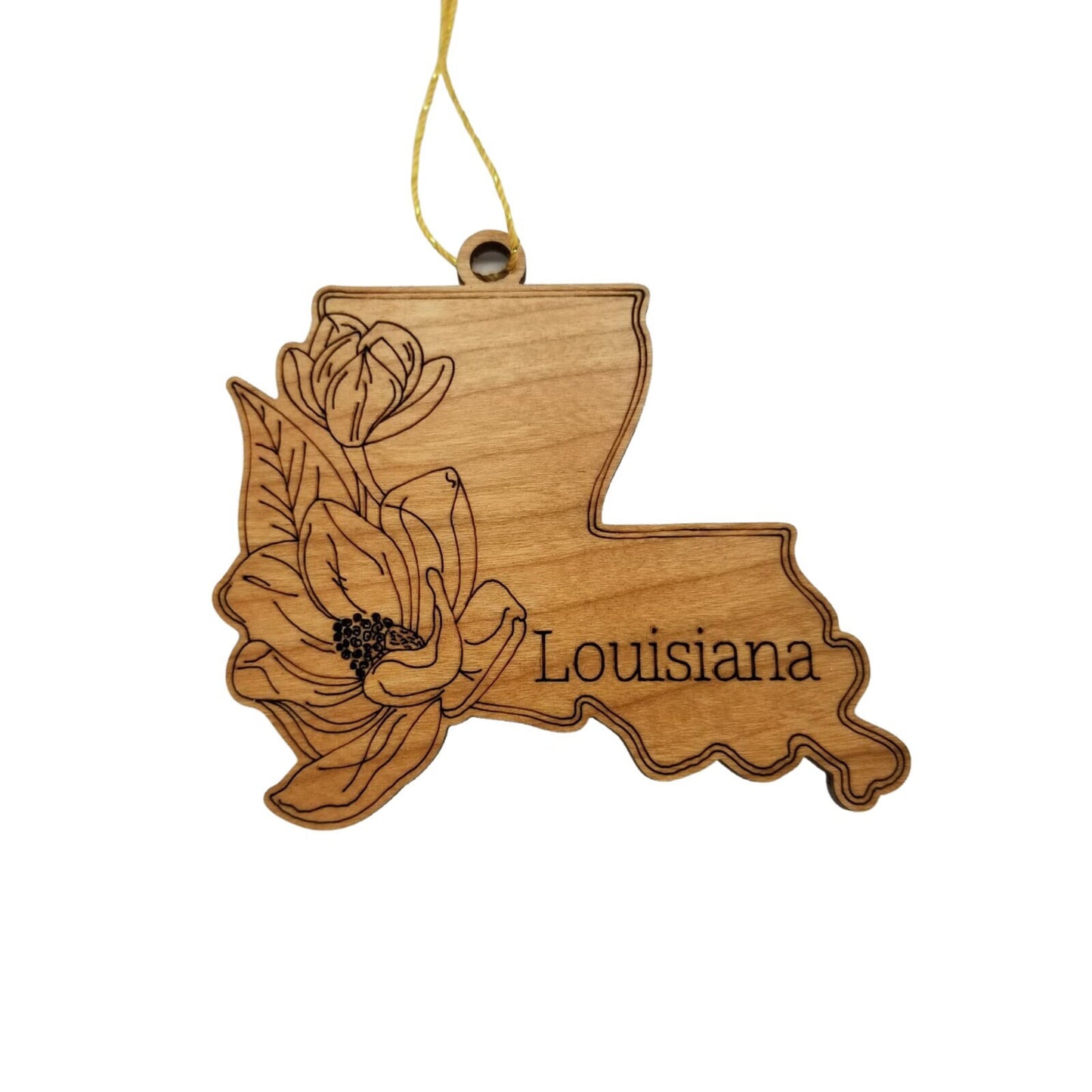 Wholesale Louisiana Wood Ornament -  LA State Shape with State Flowers Magnolia Blossoms - Handmade Wood Souvenir