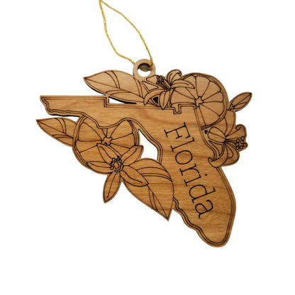 Wholesale Florida Wood Ornament -  FL State Shape with State Flowers Orange Blossoms - Handmade Wood Souvenir