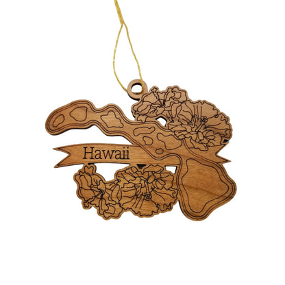 Wholesale Hawaii Wood Ornament -  HI State Shape with State Flowers Hibiscus - Handmade Wood Souvenir