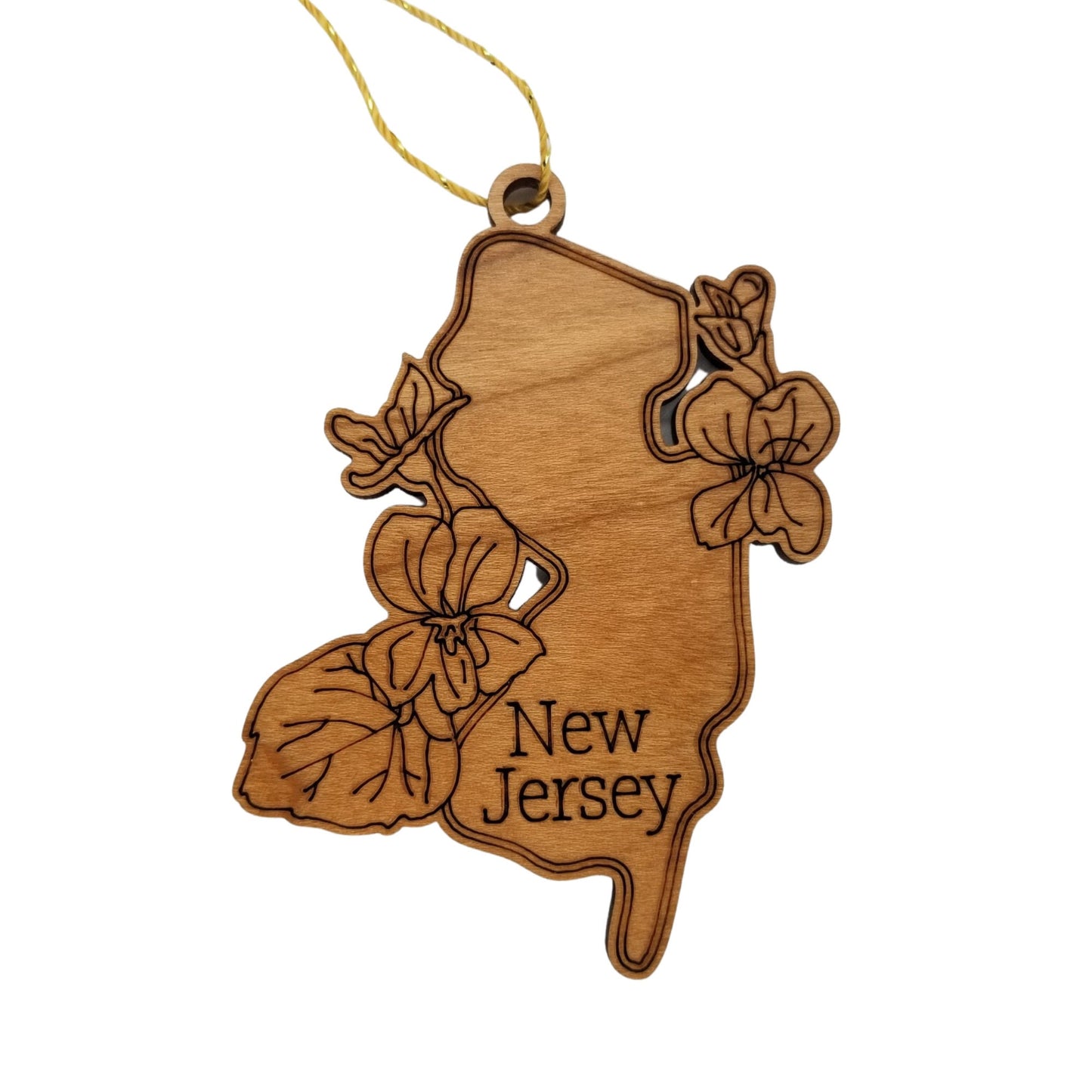 Wholesale New Jersey Wood Ornament -  NJ State Shape with State Flowers Violets - Handmade Wood Souvenir