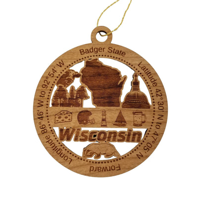 Wisconsin Wood Ornament - WI Souvenir - Handmade Wood Ornament Made in USA State Shape Cow Trees Cheese Football Helmet Beer