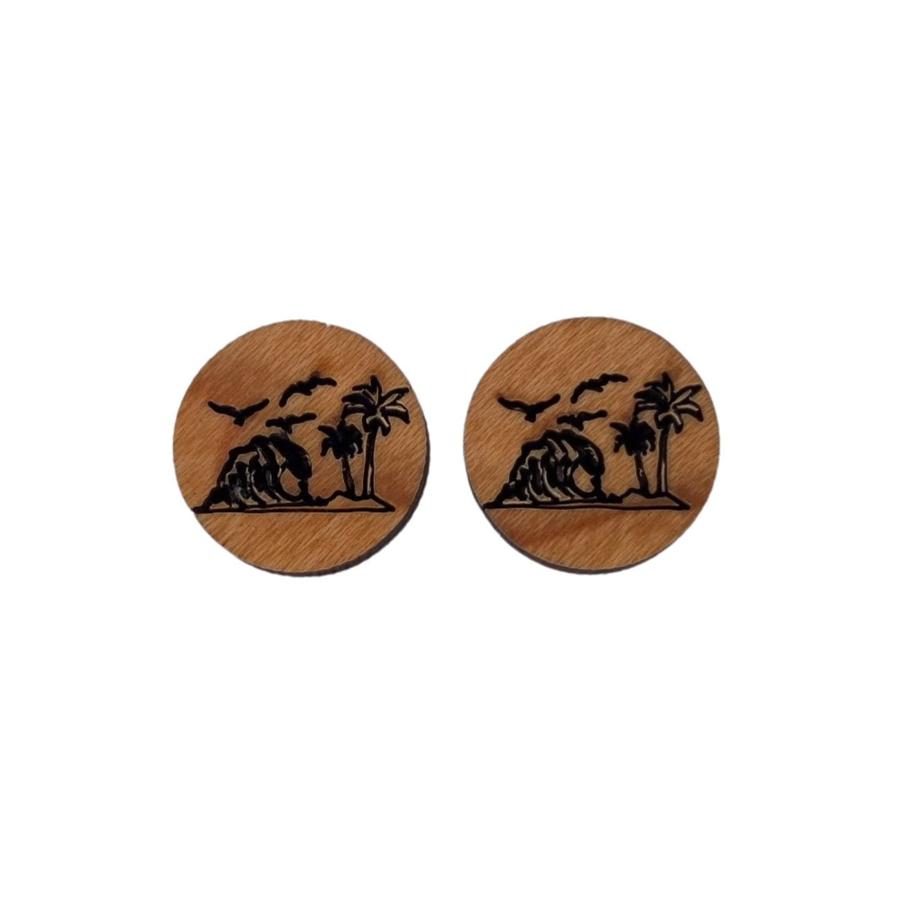 Wholesale Beach Scene Earrings - Cherry Wood Earrings - Stud Earrings - Post Earrings Coastal Ocean Waves Palm Trees Birds