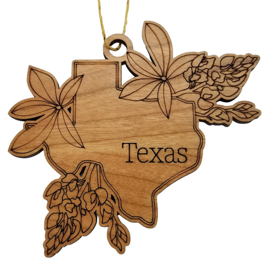 Wholesale Texas Wood Ornament -  TX State Shape with State Flowers Bluebonnets - Handmade Wood Souvenir