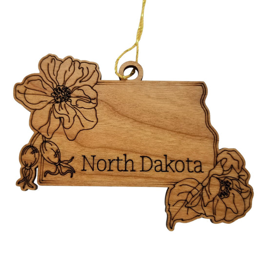 Wholesale North Dakota Wood Ornament -  State Shape with State Flowers Prairie Rose ND - Handmade Wood Souvenir