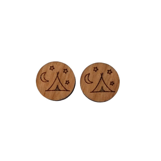 Wholesale Tent Moon Stars Earrings - Cherry Wood Earrings - Stud Earrings - Post Earrings - Camping Outdoor Adventure