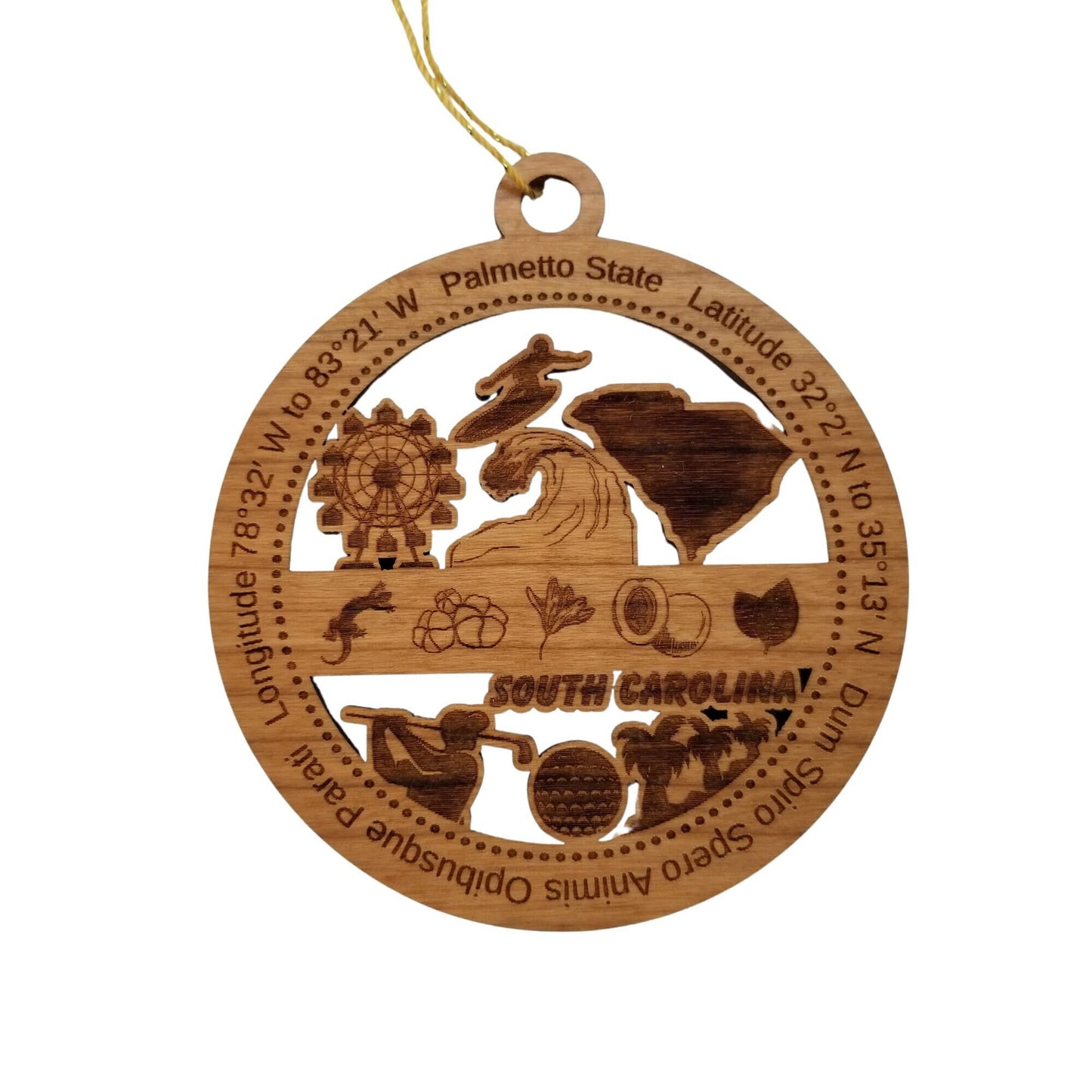 South Carolina Wood Ornament -  SC Souvenir - Handmade Wood Ornament Made in USA State Shape Ferris Wheel Surfing Waves Golf Palm Trees