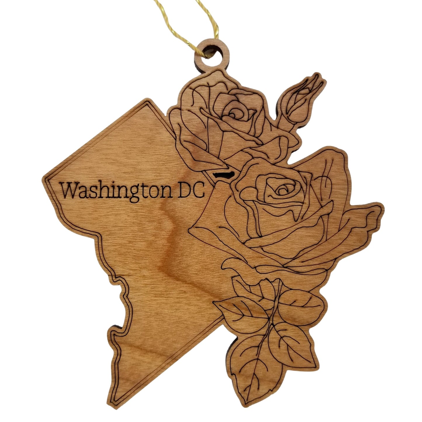 Wholesale Washington DC Wood Ornament -  DC State Shape with State Flowers American Beauty Rose - Handmade Wood Souvenir