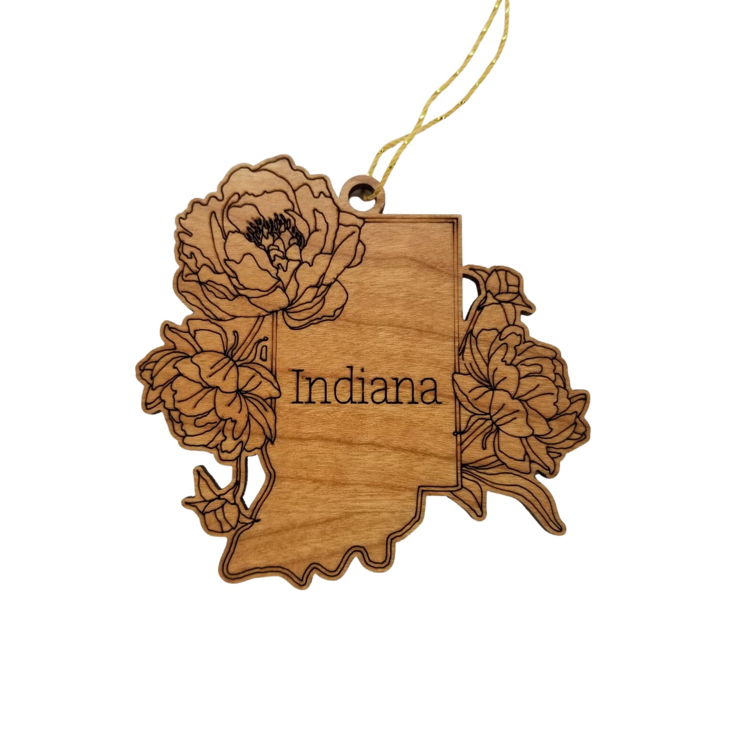 Wholesale Indiana Wood Ornament -  IN State Shape with State Flowers Cutout - Handmade Wood Souvenir