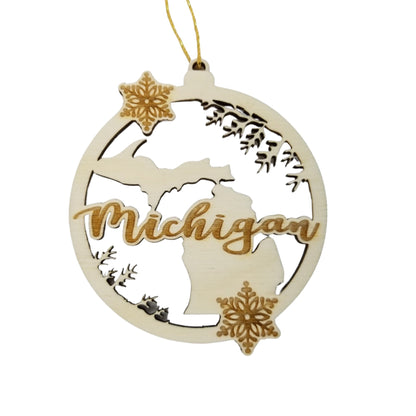 Wholesale Michigan Wood Ornament -  MI State Shape with Snowflakes Cutout - Wood Souvenir