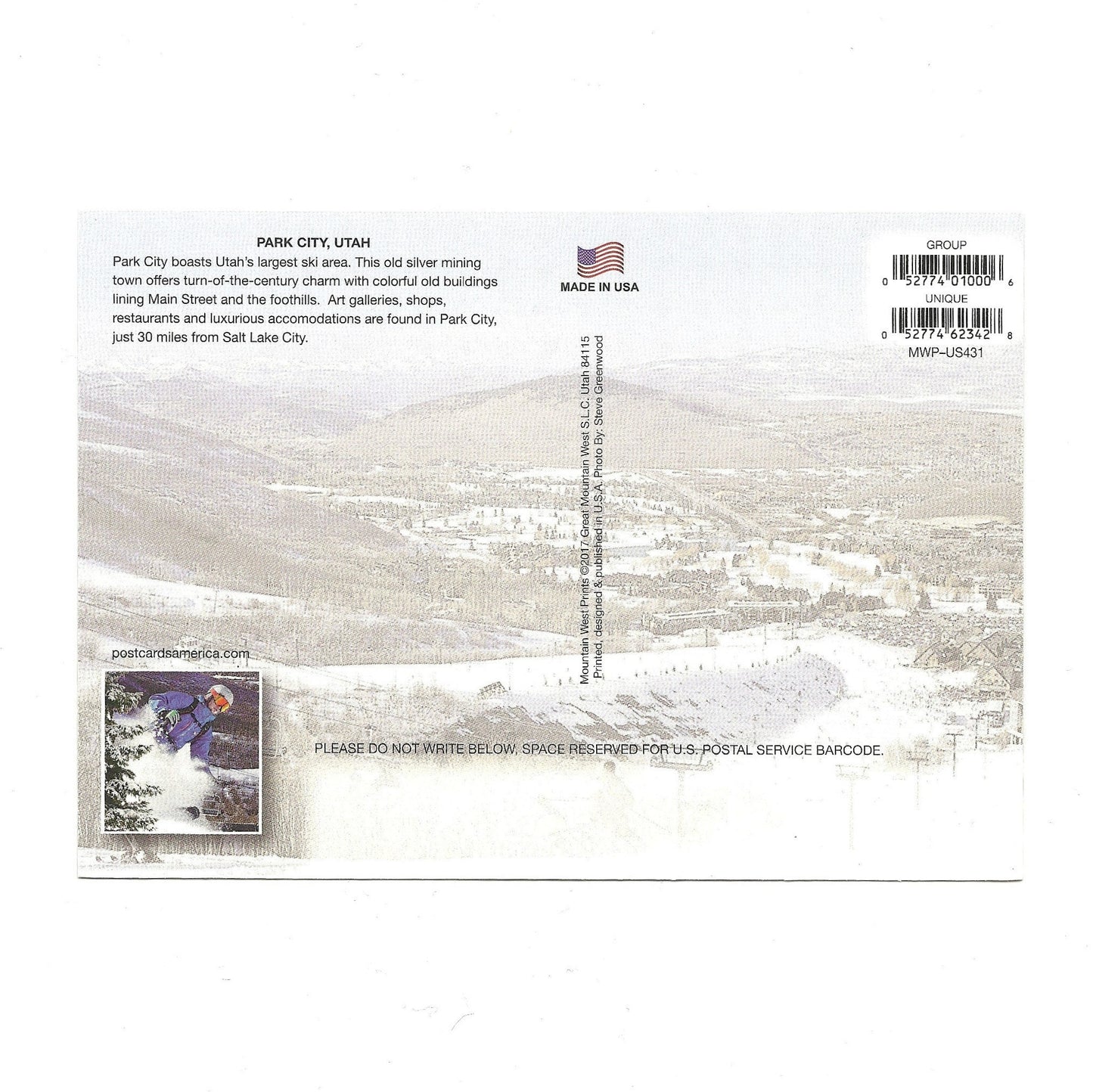 Park City Utah Postcard Skiing Ski Resort Snowy Mountains Skiers Ski Lift 4x6 - Great for Crafting - Decoupage - Scrapbooking Supply