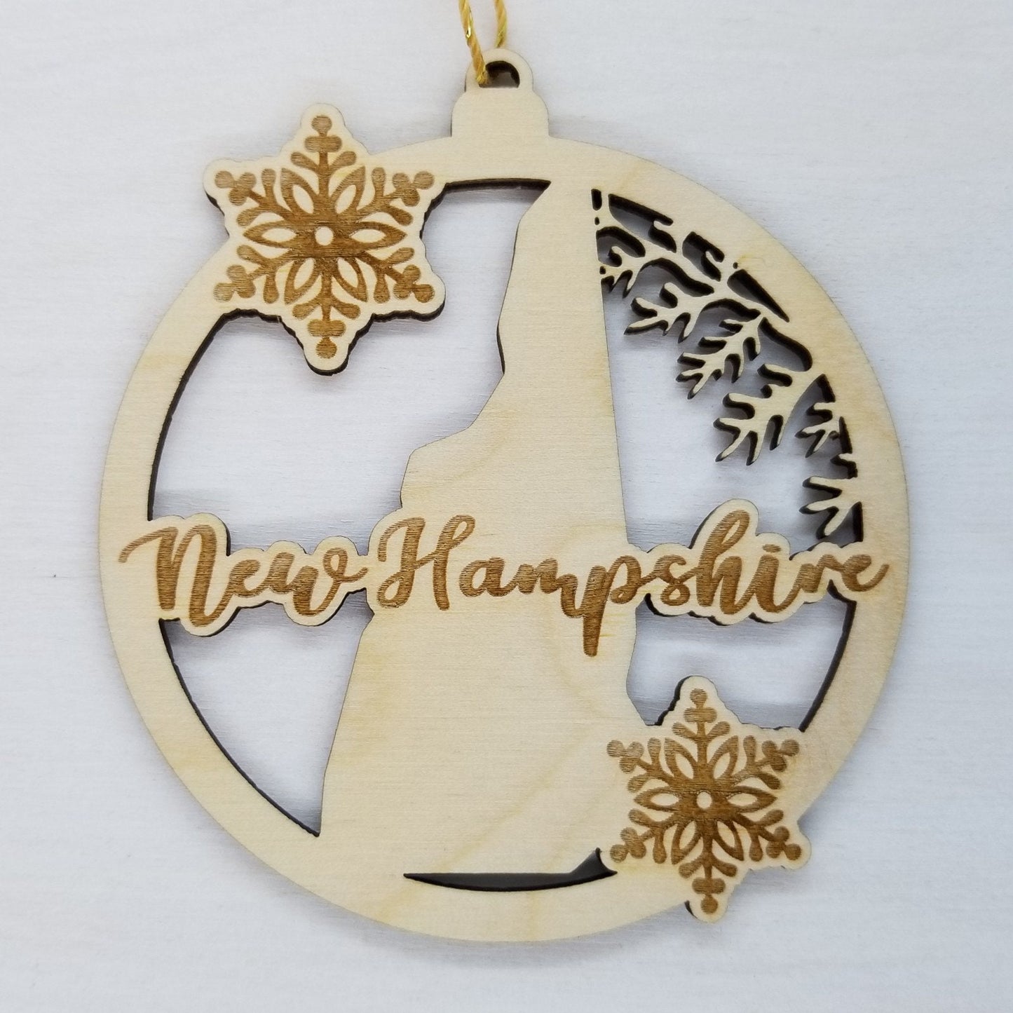 Wholesale New Hampshire Wood Ornament -  NH State Shape with Snowflakes Cutout - Wood Souvenir