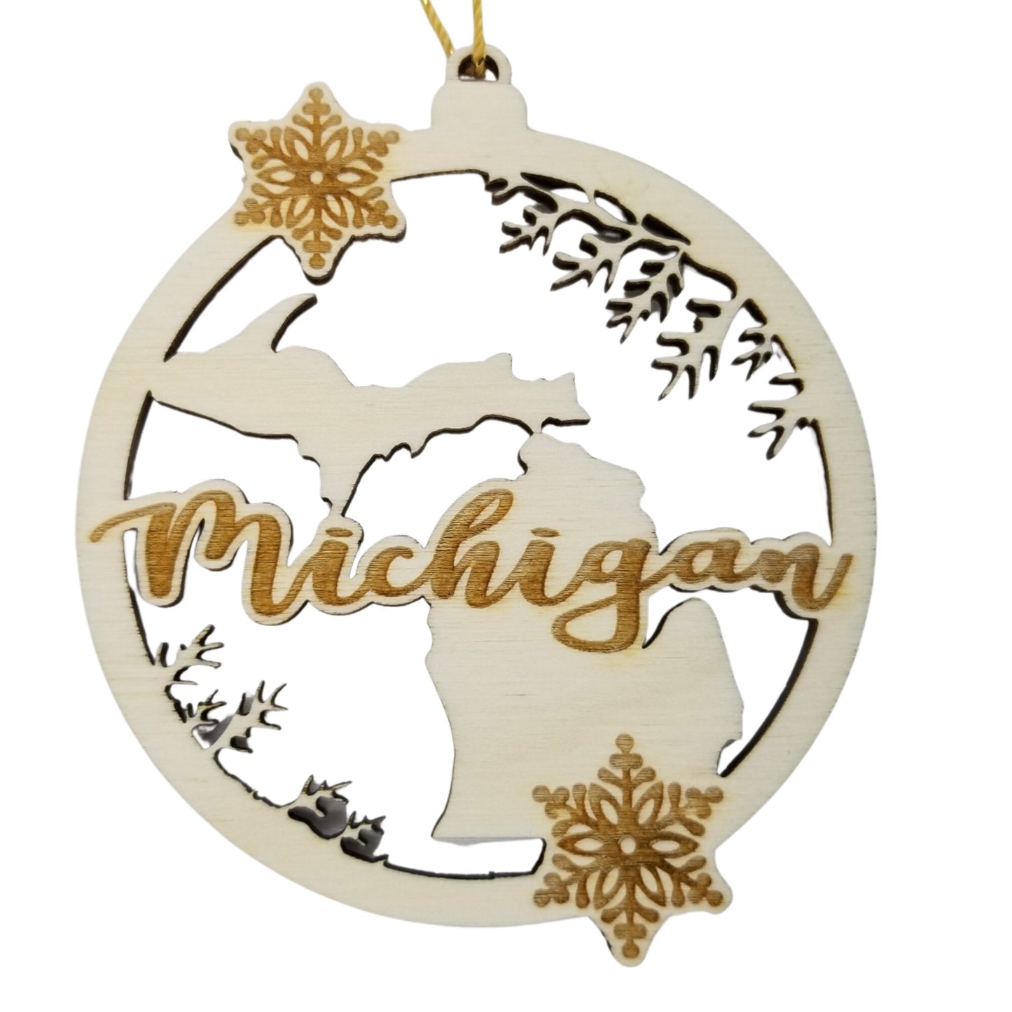 Wholesale Michigan Wood Ornament -  MI State Shape with Snowflakes Cutout - Wood Souvenir