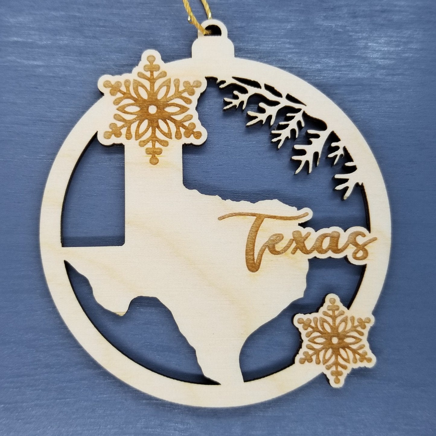 Texas Wood Ornament -  TX State Shape with Snowflakes Cutout - Handmade Wood Ornament Made in USA Christmas Decor