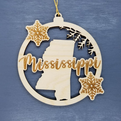 Wholesale Mississippi Wood Ornament -  MS State Shape with Snowflakes Cutout - Wood Souvenir