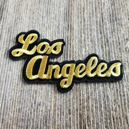 Los Angeles Patch - Iron On Souvenir - Script Black and Gold - California - Badge Emblem