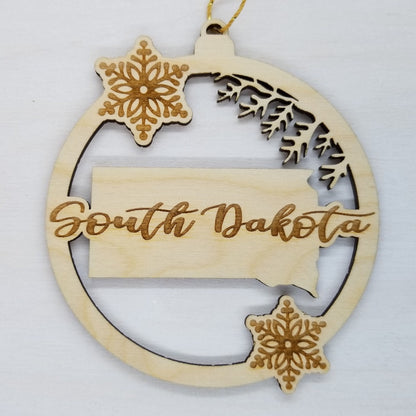 Wholesale South Dakota Wood Ornament -  SD State Shape with Snowflakes Cutout - Wood Souvenir