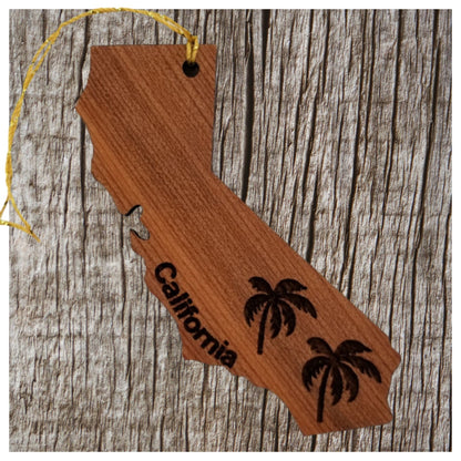 California State Shape Christmas Ornament Palm Trees Laser Cut Handmade Wood Ornament Made in USA