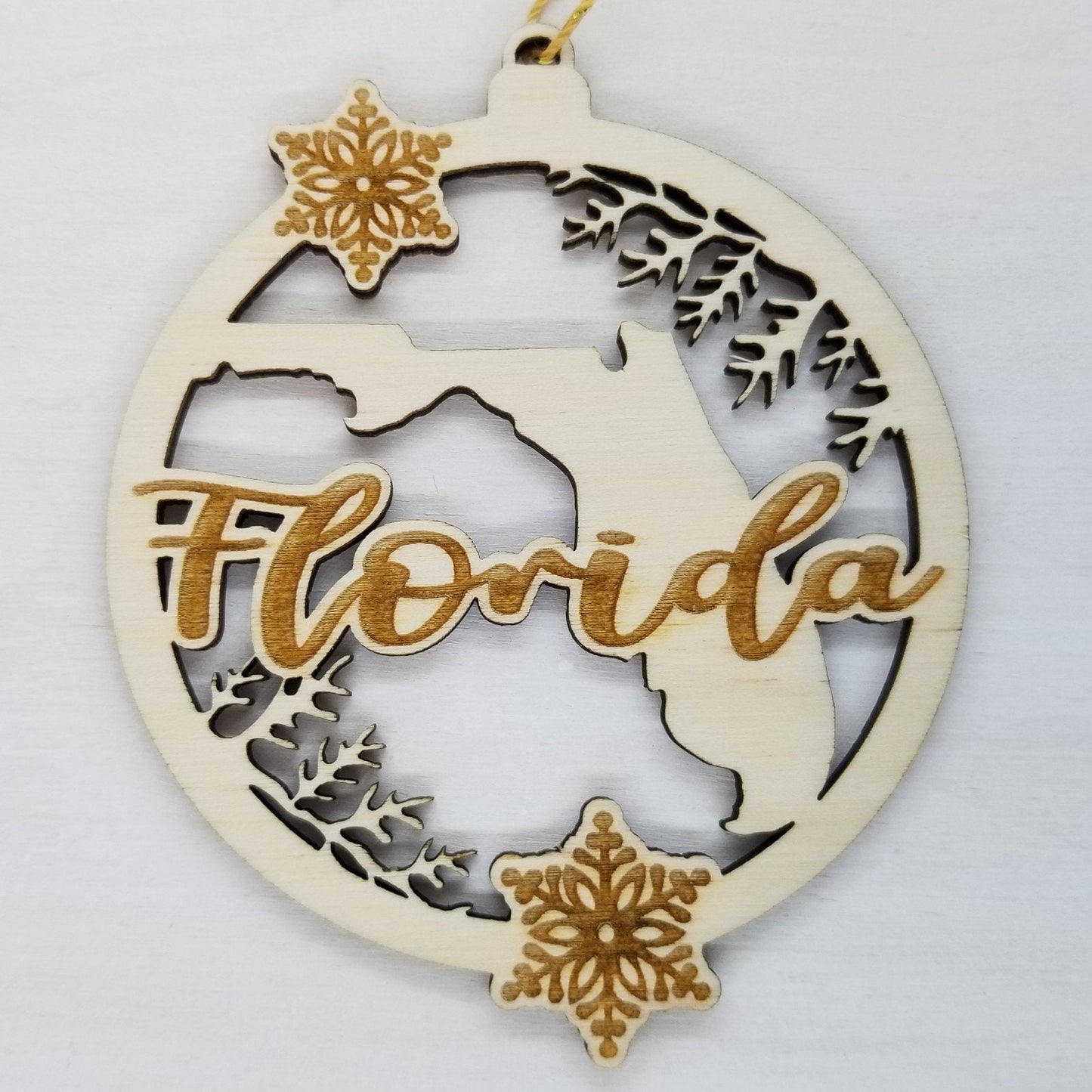 Wholesale Florida Wood Ornament -  FL State Shape with Snowflakes Cutout - Wood Souvenir