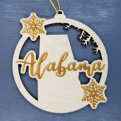 Wholesale Alabama Wood Ornament -  AL State Shape with Snowflakes Cutout - Wood Souvenir