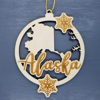 Wholesale Alaska Wood Ornament -  State Shape with Snowflakes AK Cutout - Wood Souvenir