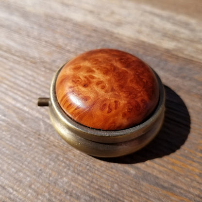 Redwood Pill Box 3 Sections Handmade Top California Burl #421 Souvenir Memento Mothers Day Gift Antique Bronze