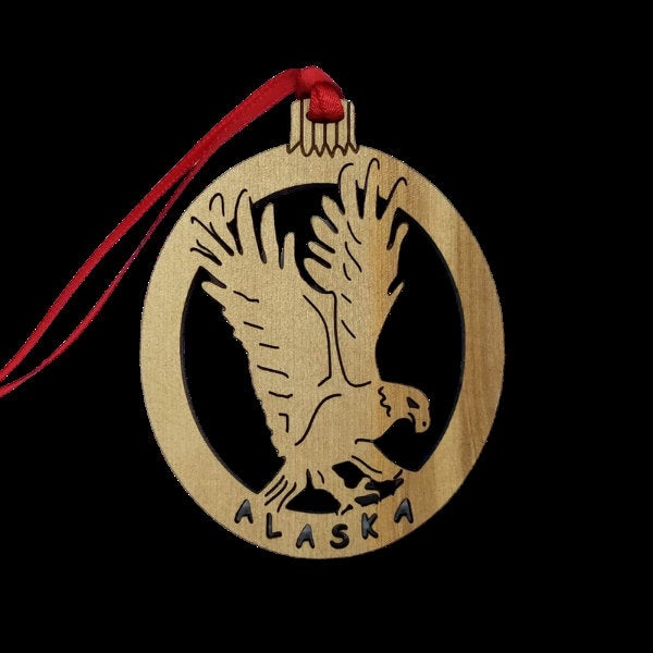 Alaska Christmas Ornament Eagle Wood - Handmade in USA - Travel Gift - Souvenir Memento - Laser Cut