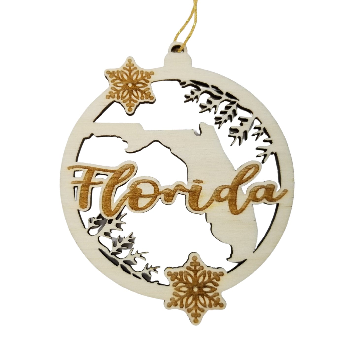 Wholesale Florida Wood Ornament -  FL State Shape with Snowflakes Cutout - Wood Souvenir