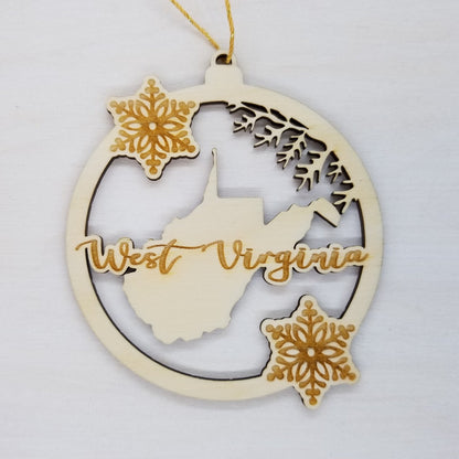 West Virginia Wood Ornament - WV State Shape with Snowflakes Cutout - Handmade Wood Ornament Made in USA Christmas Decor